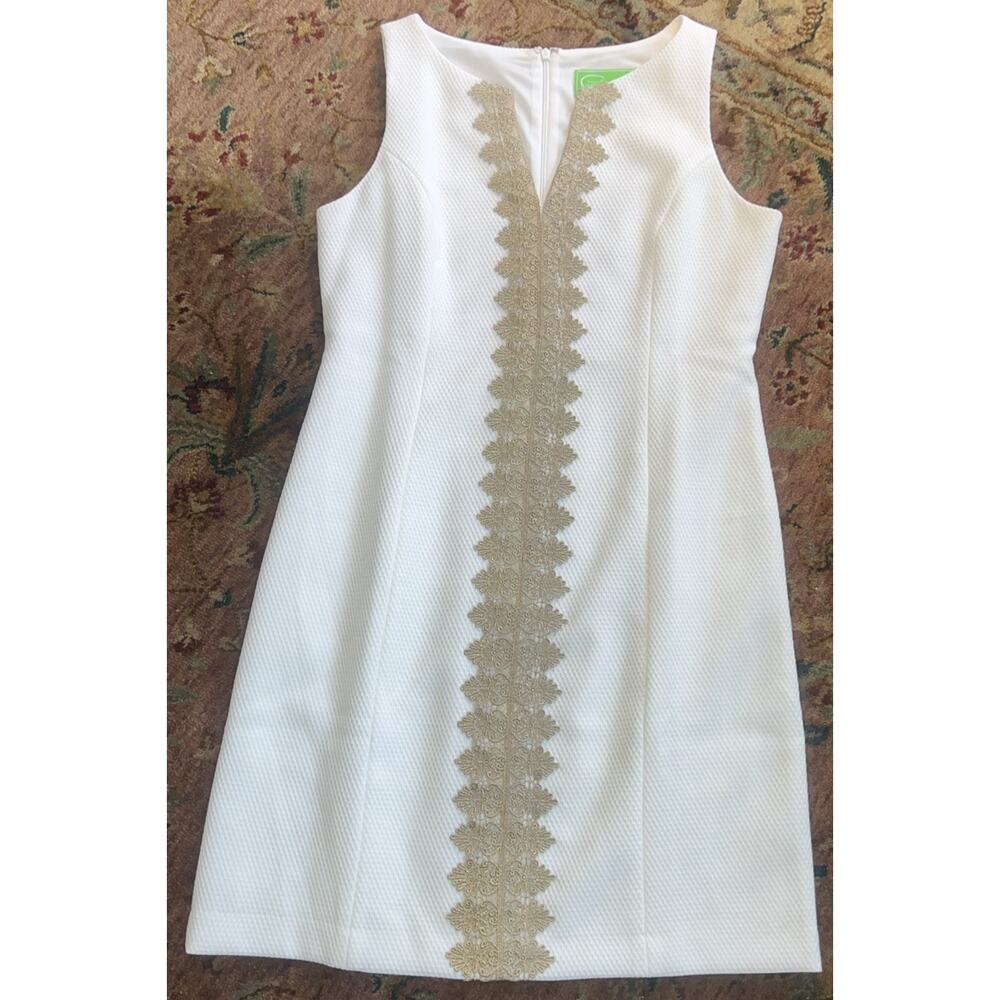 Pappagallo White Texture Shift Dress Gold Embroidery Sleeveless WeddingResort 10 - Picture 2 of 9